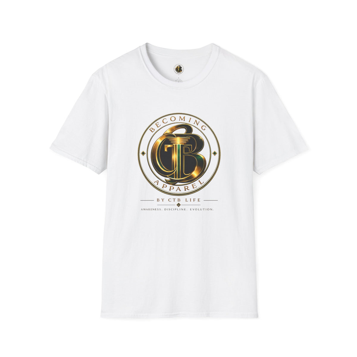 Becoming Apparel Logo T-Shirt — Gold Emblem Graphic Tee