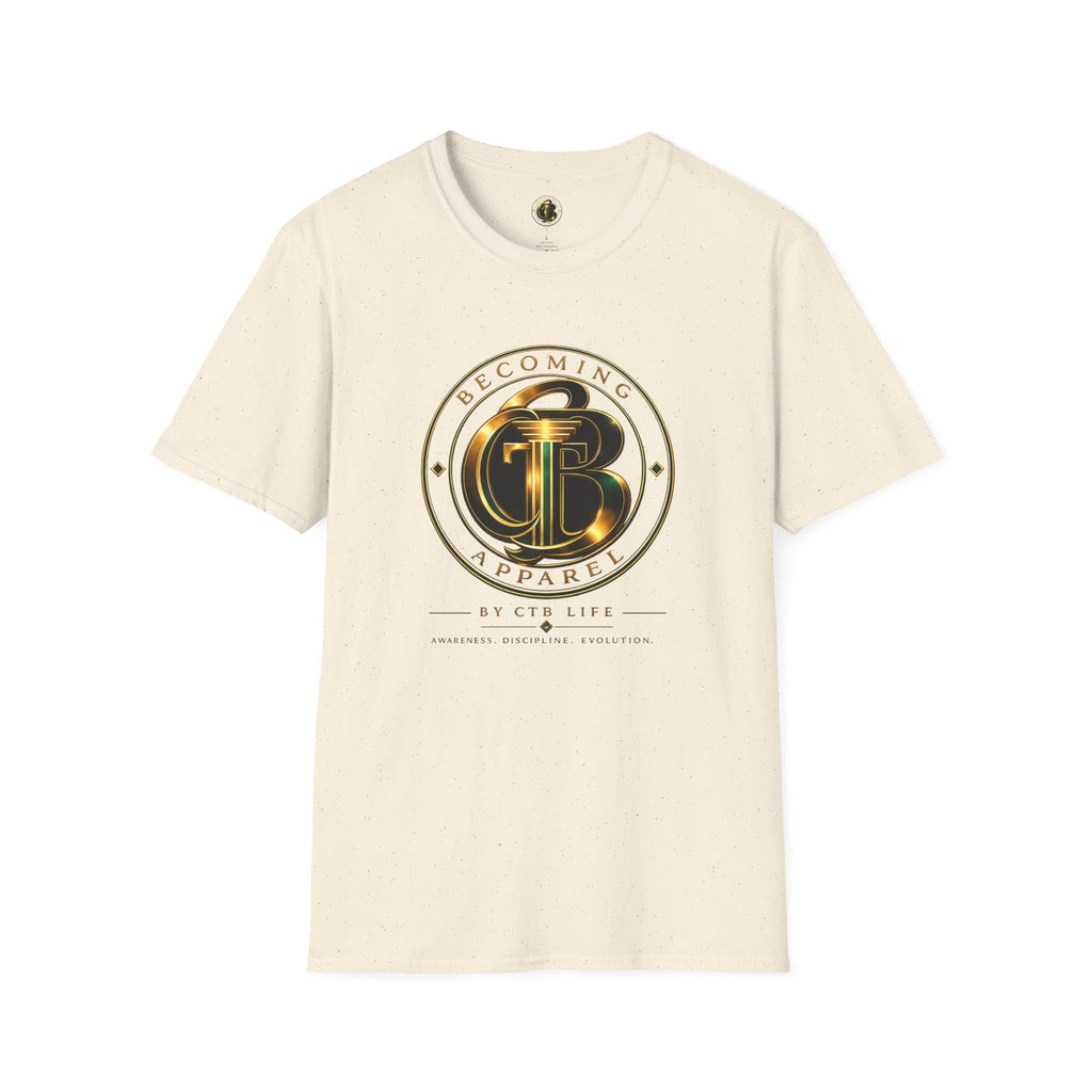 Becoming Apparel Logo T-Shirt — Gold Emblem Graphic Tee