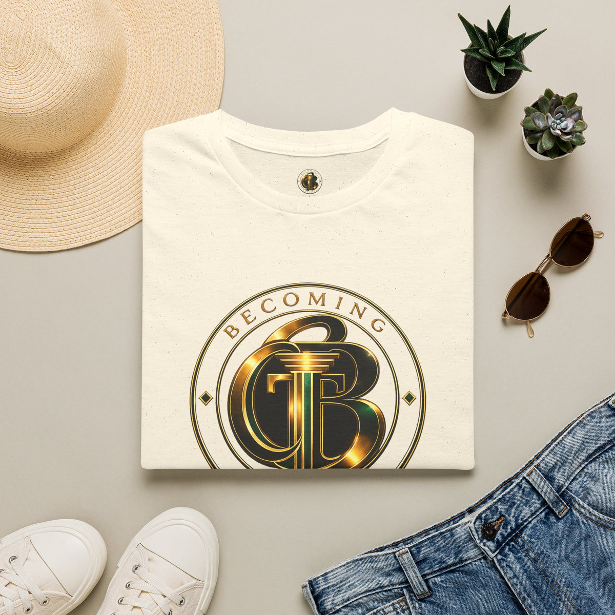 Becoming Apparel Logo T-Shirt — Gold Emblem Graphic Tee