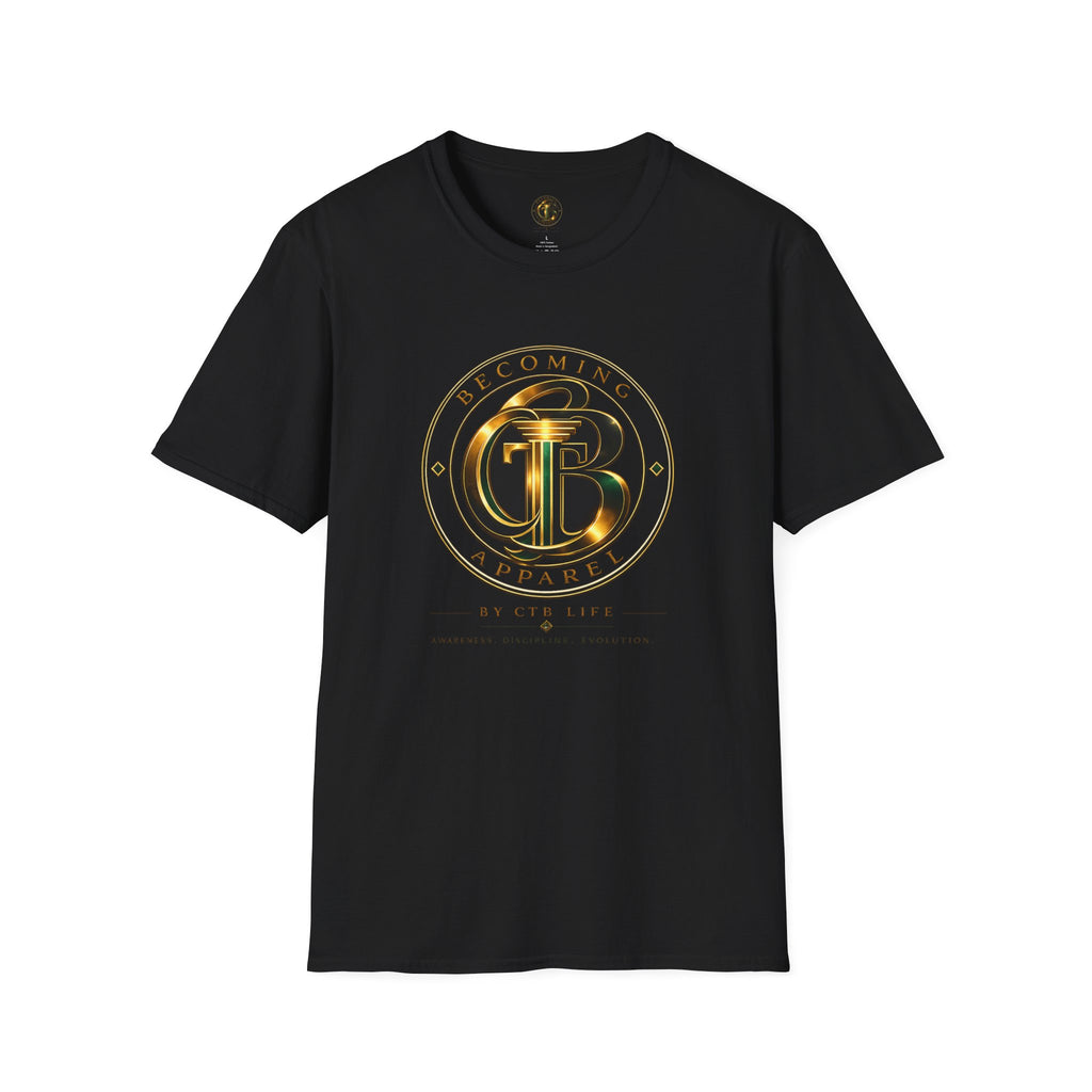 Becoming Apparel Logo T-Shirt — Gold Emblem Graphic Tee