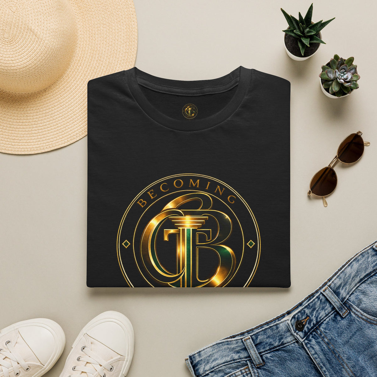Becoming Apparel Logo T-Shirt — Gold Emblem Graphic Tee